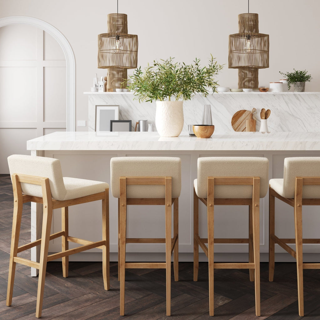 Tabouret de bar moderne Gracie, chaise rembourrée en tissu bouclé et pieds en bois brossé