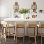 Tabouret de bar moderne Gracie, chaise rembourrée en tissu bouclé et pieds en bois brossé