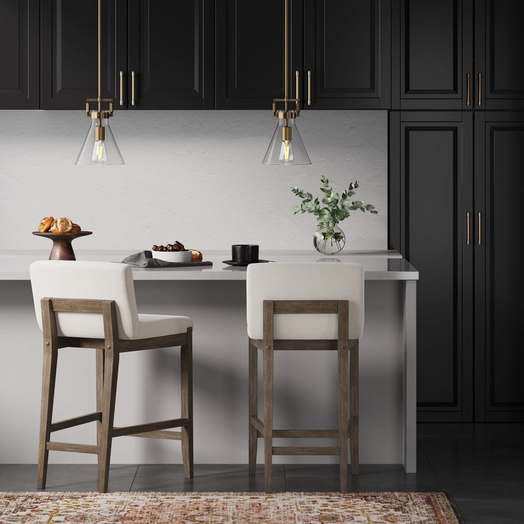 Tabouret de bar moderne Gracie, chaise rembourrée en tissu bouclé et pieds en bois brossé