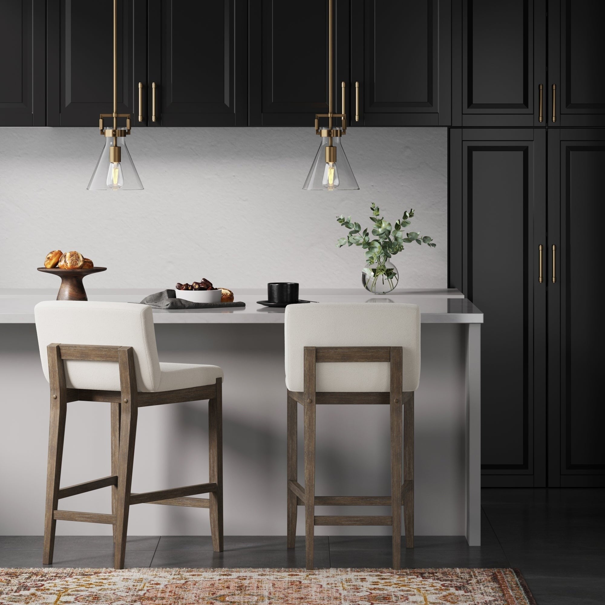 Tabouret de bar moderne Gracie, chaise rembourrée en tissu bouclé et pieds en bois brossé