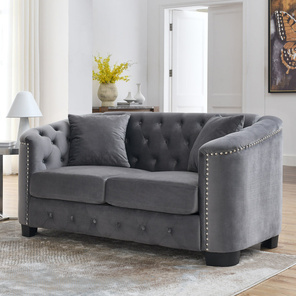 Grey 59'' Modern Velvet 2-Seater Sofa with Tufted Backrest and Nailhead Arms