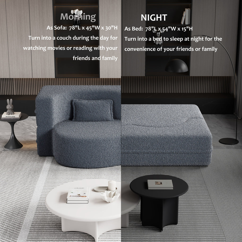 Grey 78 Convertible Teddy Fabric Loveseat Foam-Filled Floor Sofa Bed with 2 Pillows and Folding Mattress for Living Room