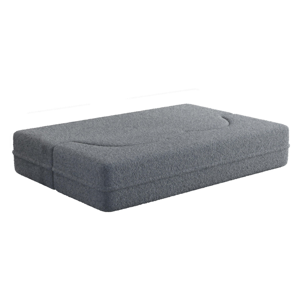 Grey 78 Convertible Teddy Fabric Loveseat Foam-Filled Floor Sofa Bed with 2 Pillows and Folding Mattress for Living Room