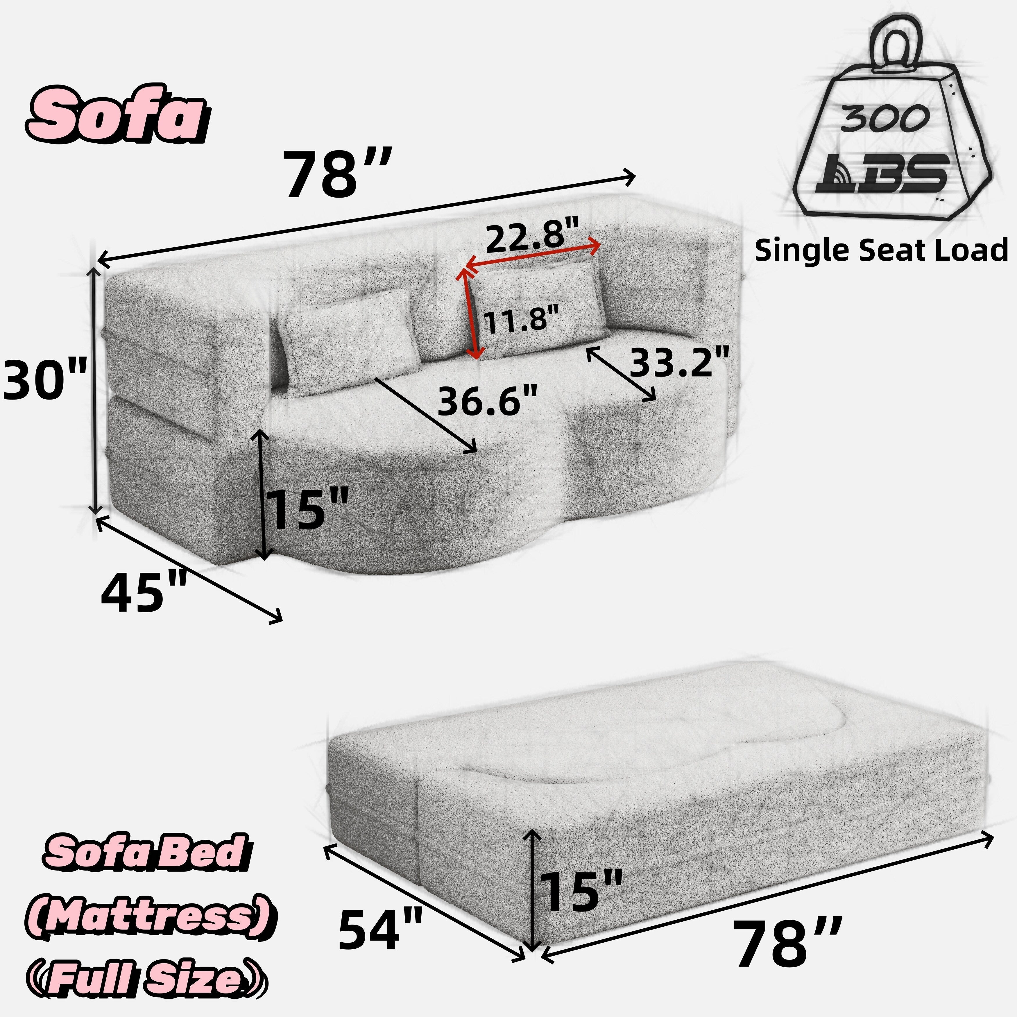 Grey 78 Convertible Teddy Fabric Loveseat Foam-Filled Floor Sofa Bed with 2 Pillows and Folding Mattress for Living Room