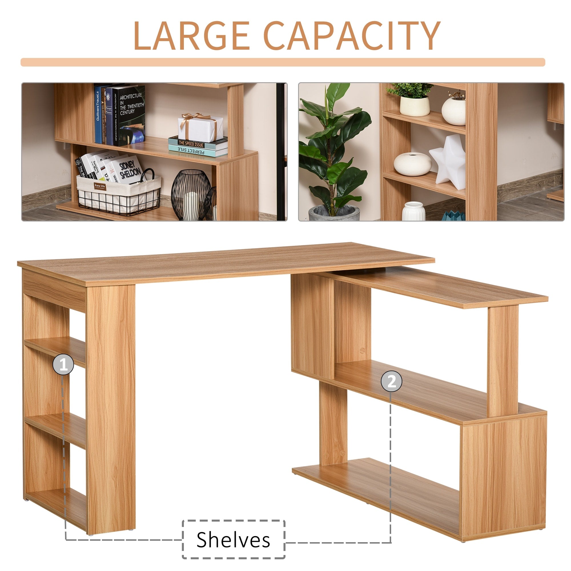 Bureau d'ordinateur pivotant moderne en forme de L HomCom avec étagères