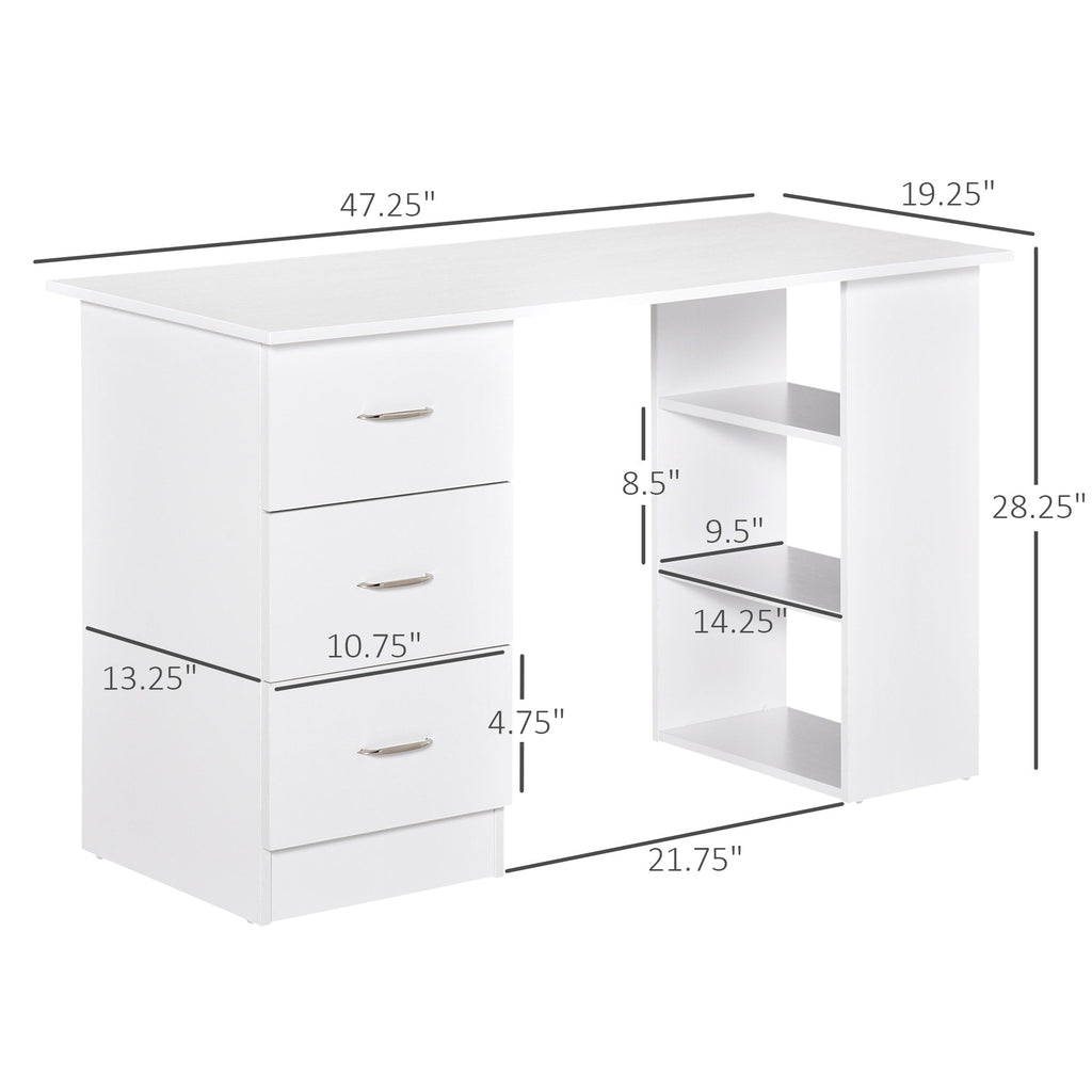 Bureau d'ordinateur HOMCOM 47 moderne pour la maison avec bibliothèque intégrée, table de travail, 3 tiroirs et étagère de rangement - Blanc
