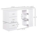 Bureau d'ordinateur HOMCOM 47 moderne pour la maison avec bibliothèque intégrée, table de travail, 3 tiroirs et étagère de rangement - Blanc