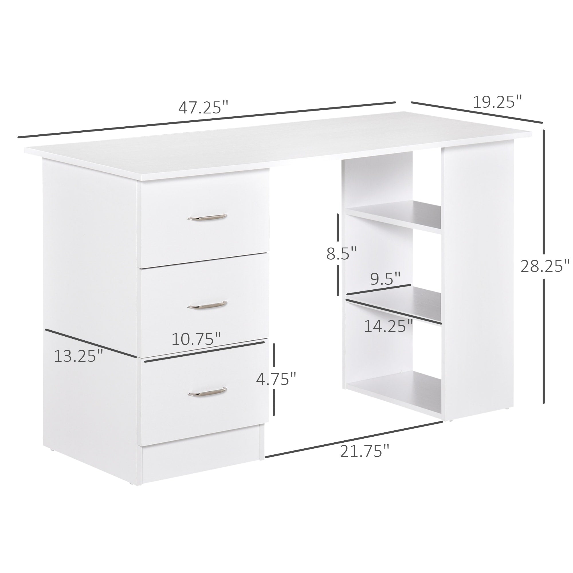 Bureau d'ordinateur HOMCOM 47 moderne pour la maison avec bibliothèque intégrée, table de travail, 3 tiroirs et étagère de rangement - Blanc