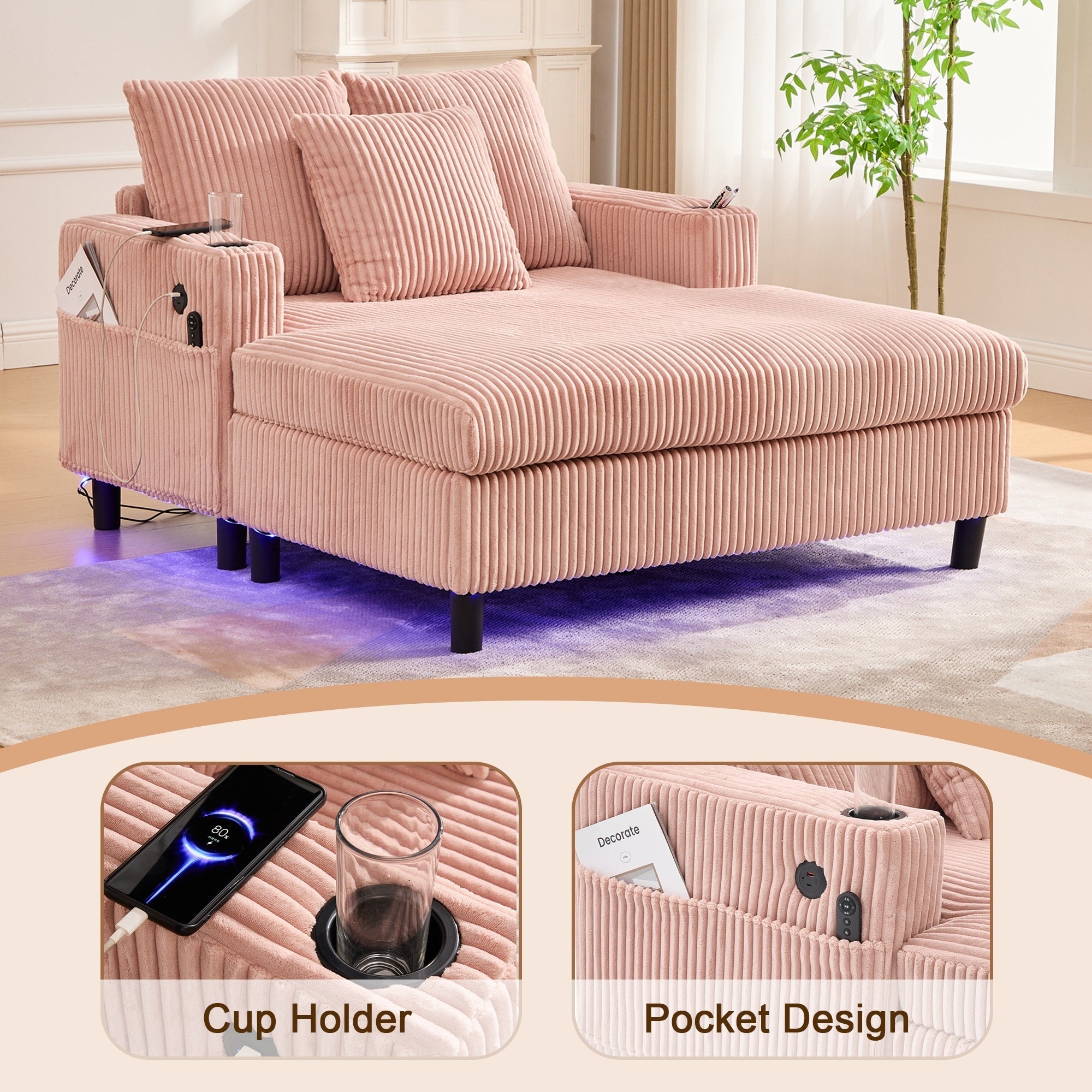 HOMEFUN Corduroy Upholstered Oversized RGB LED Light Recliner Sofa Bed with Cup Holder,USB&3 Pillows