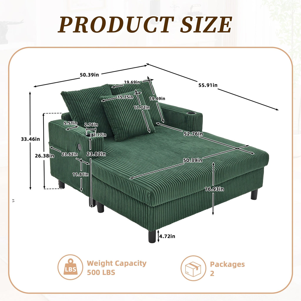 HOMEFUN Corduroy Upholstered Oversized RGB LED Light Recliner Sofa Bed with Cup Holder,USB&3 Pillows