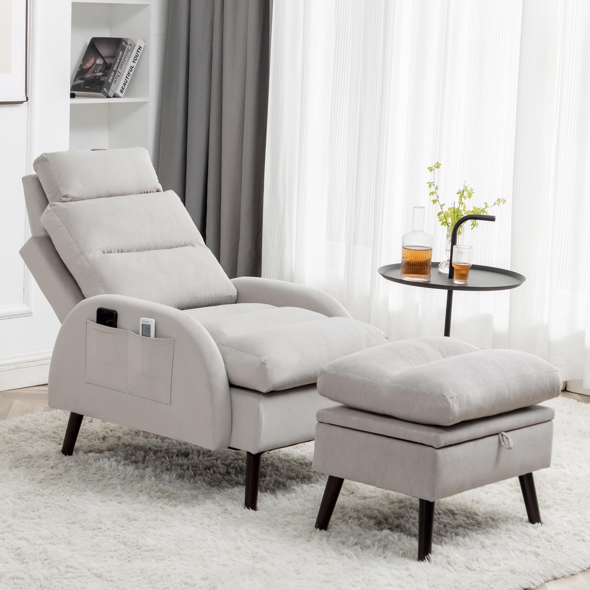 Fauteuil lounge HOMYKA avec dossier réglable et pouf de rangement