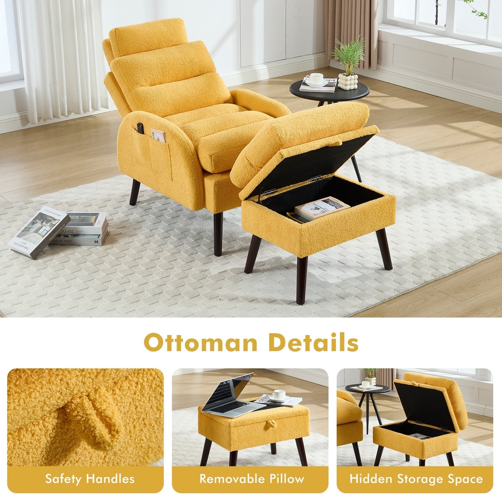 Fauteuil lounge HOMYKA avec dossier réglable et pouf de rangement