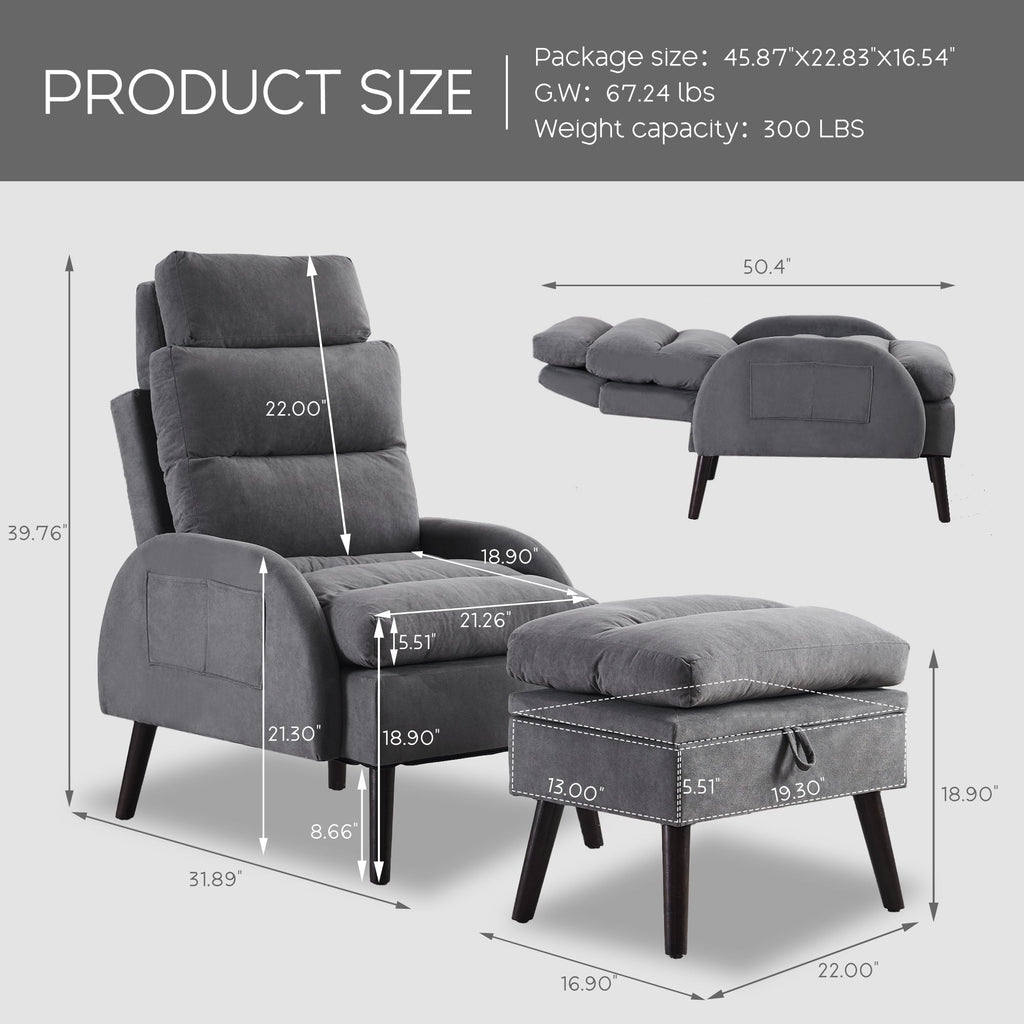Fauteuil lounge HOMYKA avec dossier réglable et pouf de rangement