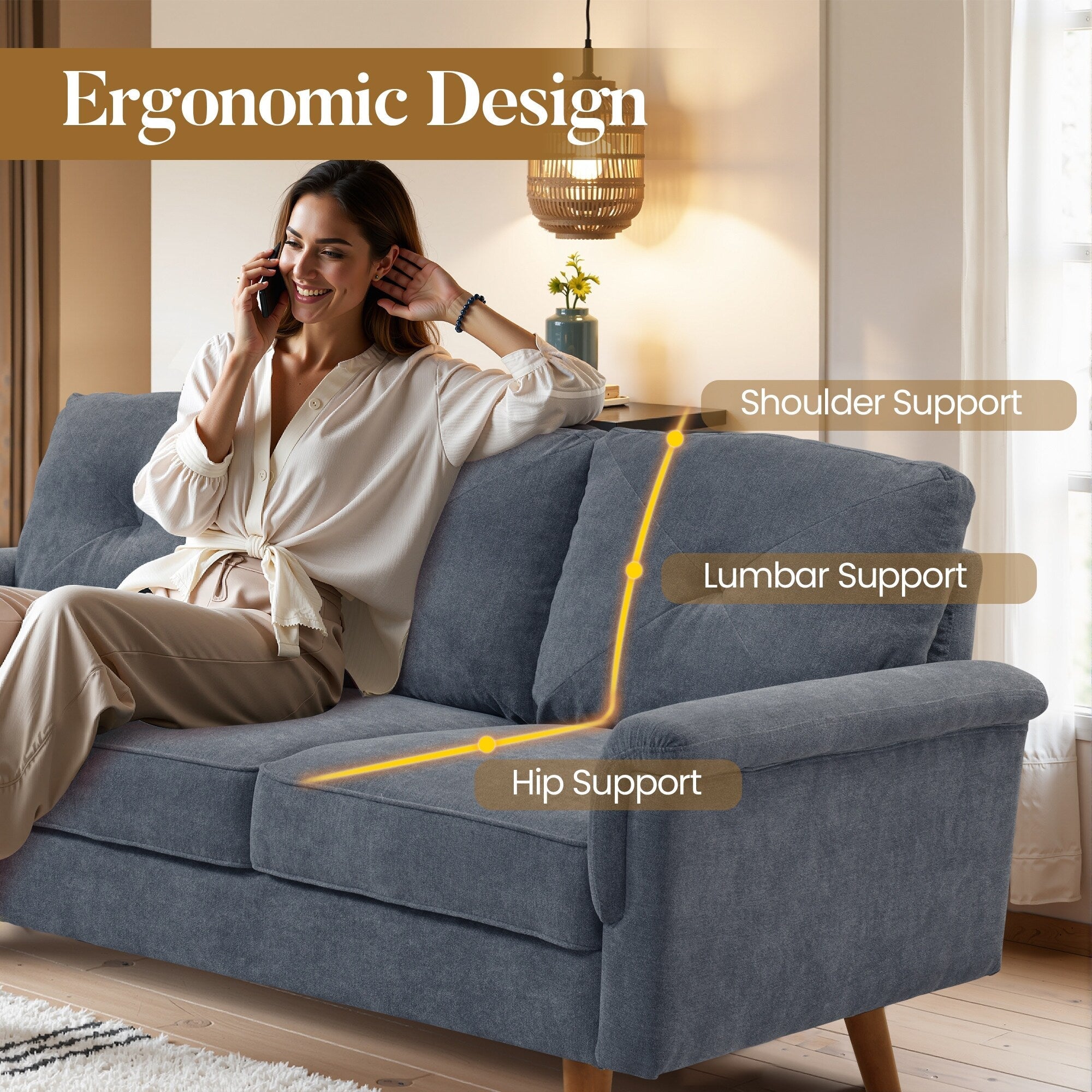 Canapé 3 places rembourré style Mid-Century avec pieds en bois pour salon