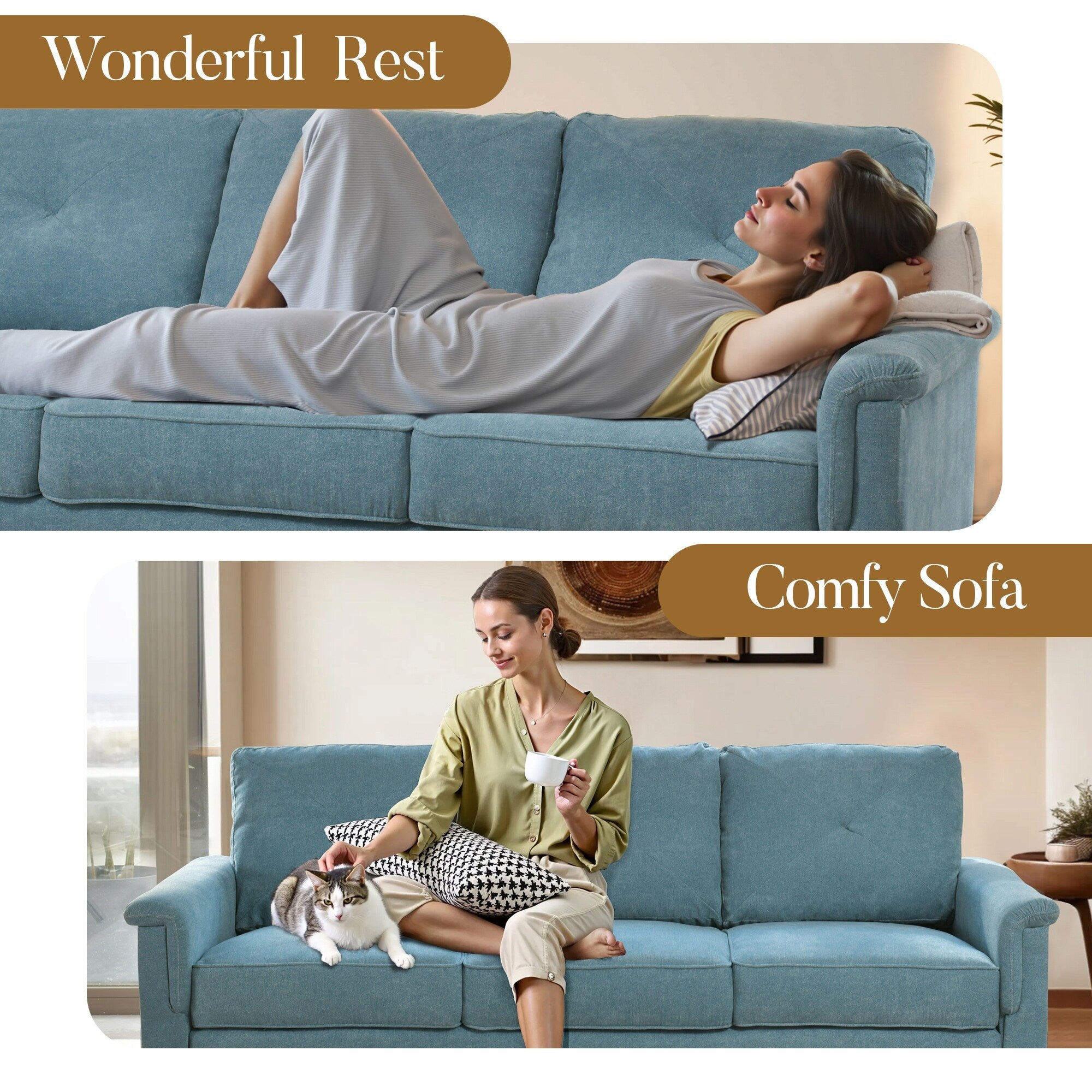 Canapé 3 places rembourré style Mid-Century avec pieds en bois pour salon