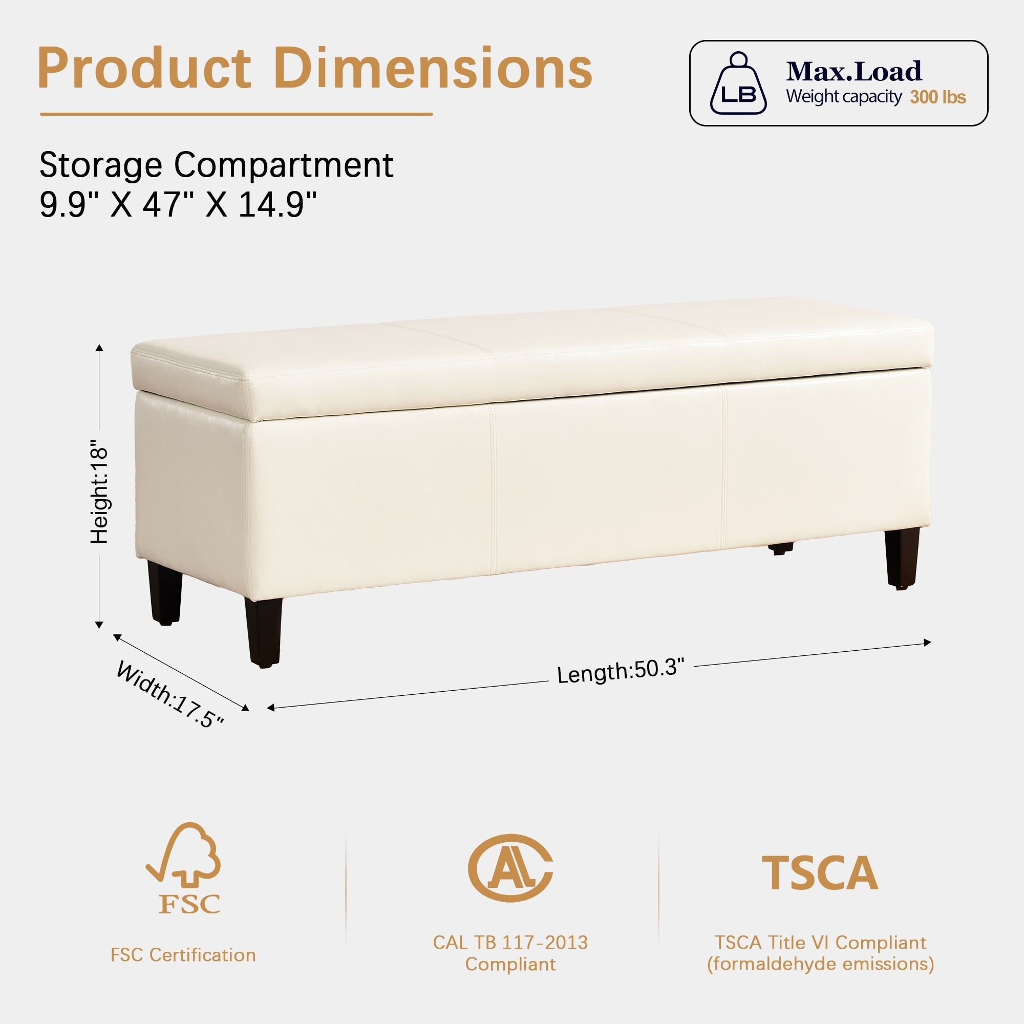 Pouf de rangement rectangulaire capitonné en similicuir (50,3 x 17,50 x 18 cm)