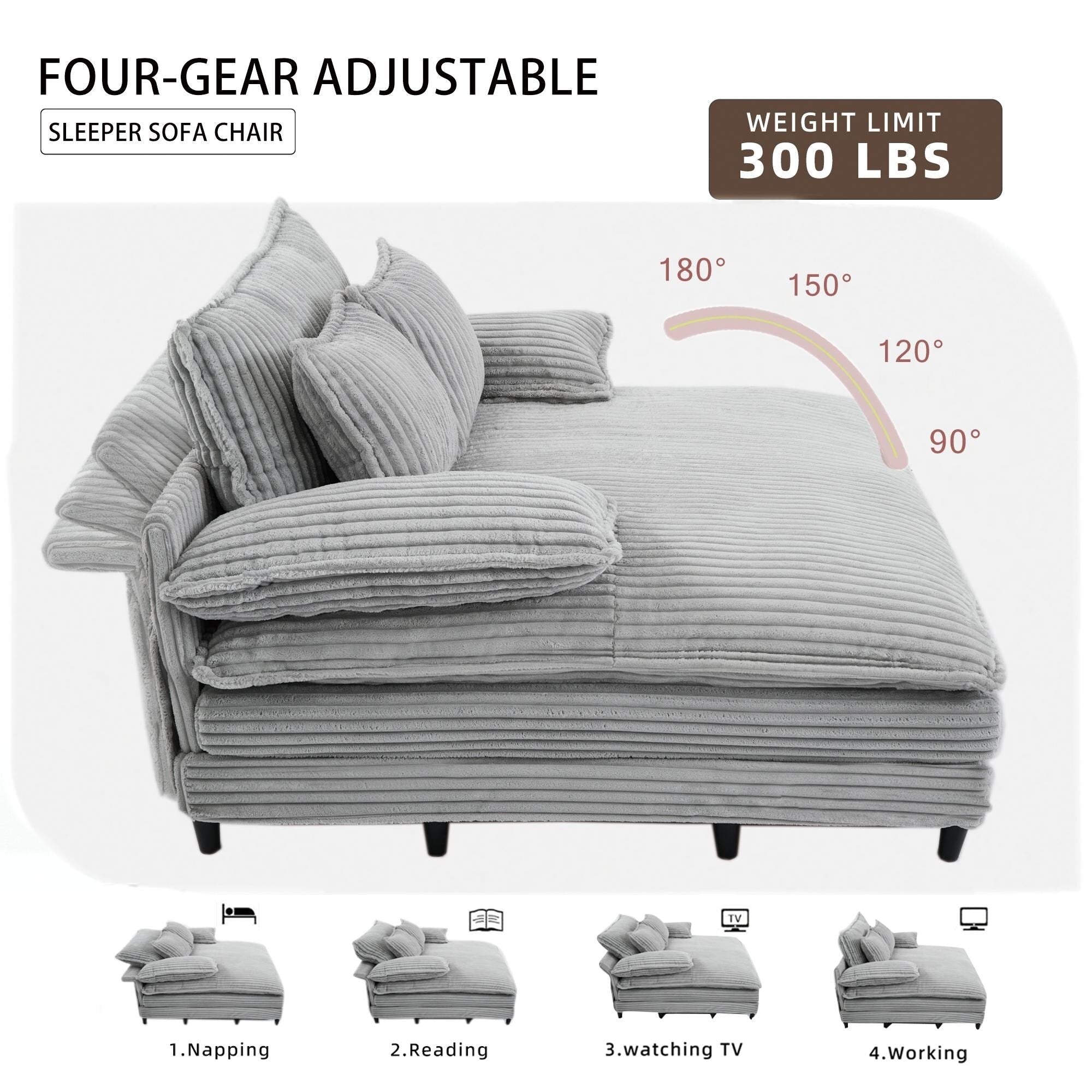 Harmonia 109 W Oversized Corduroy Sofa Bed, Deep Seat Double Lounge Chaise with 4 Pillows