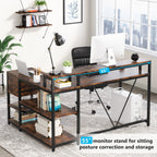 L Shaped Desk with Drawer, Home Office Corner Desk with Storage Shelves and Monitor Stand, Rustic PC Desk for Small Space
