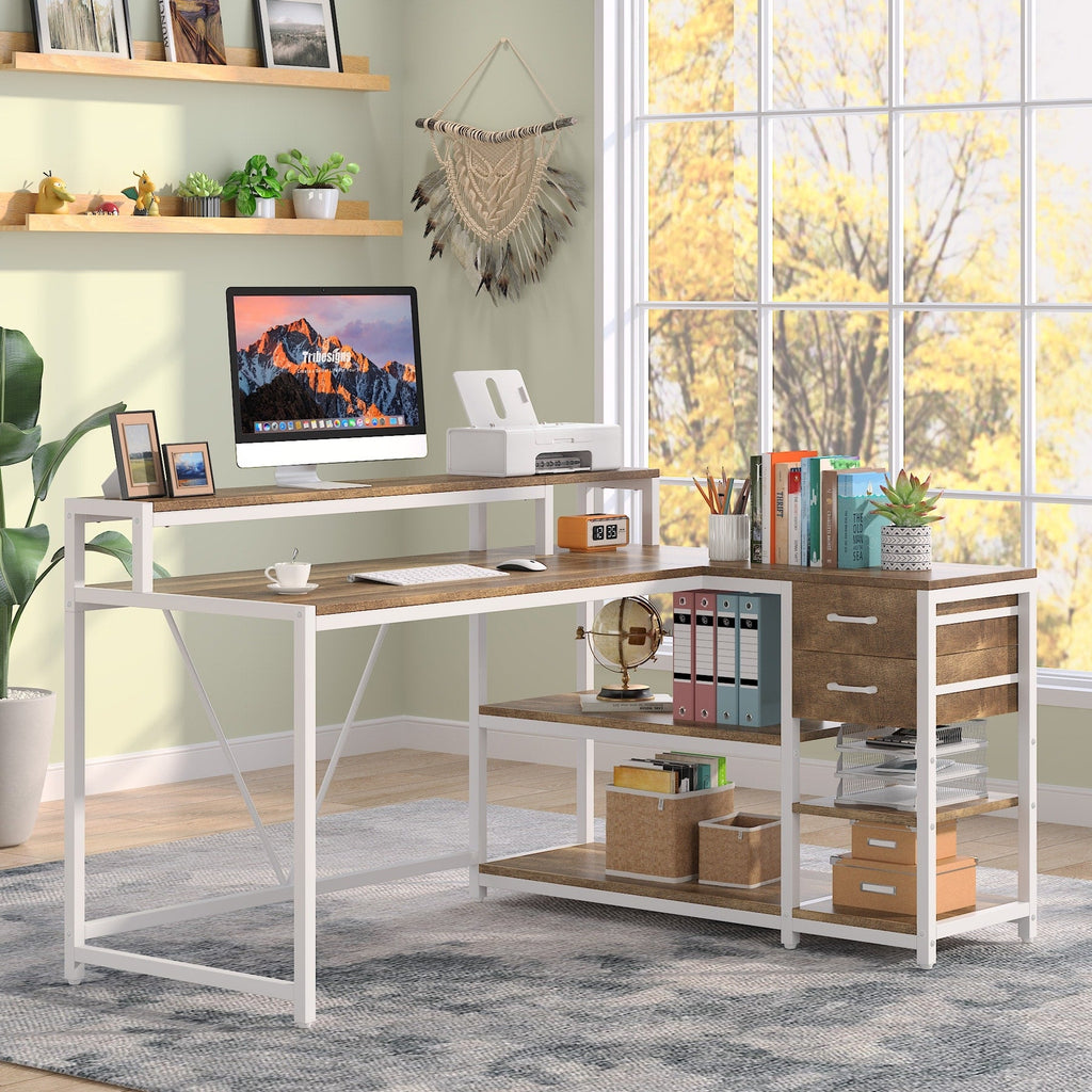 L Shaped Desk with Drawer, Home Office Corner Desk with Storage Shelves and Monitor Stand, Rustic PC Desk for Small Space