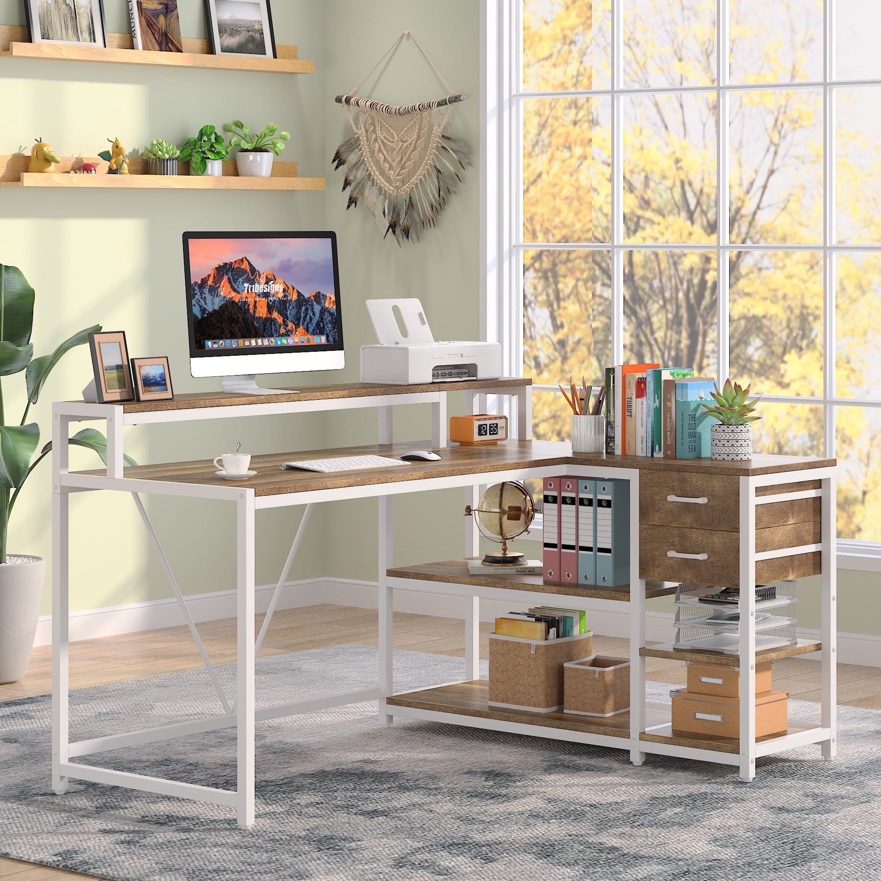 L Shaped Desk with Drawer, Home Office Corner Desk with Storage Shelves and Monitor Stand, Rustic PC Desk for Small Space