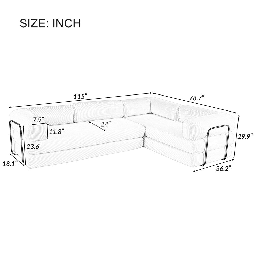 L-Shaped Modular Sofa Bed in Corduroy Fabric