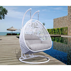 LeisureMod 2 Person Hanging Egg Chair with Stand - Outdoor/Indoor Rattan Wicker Patio Swing Hammock Lounger with Cushions