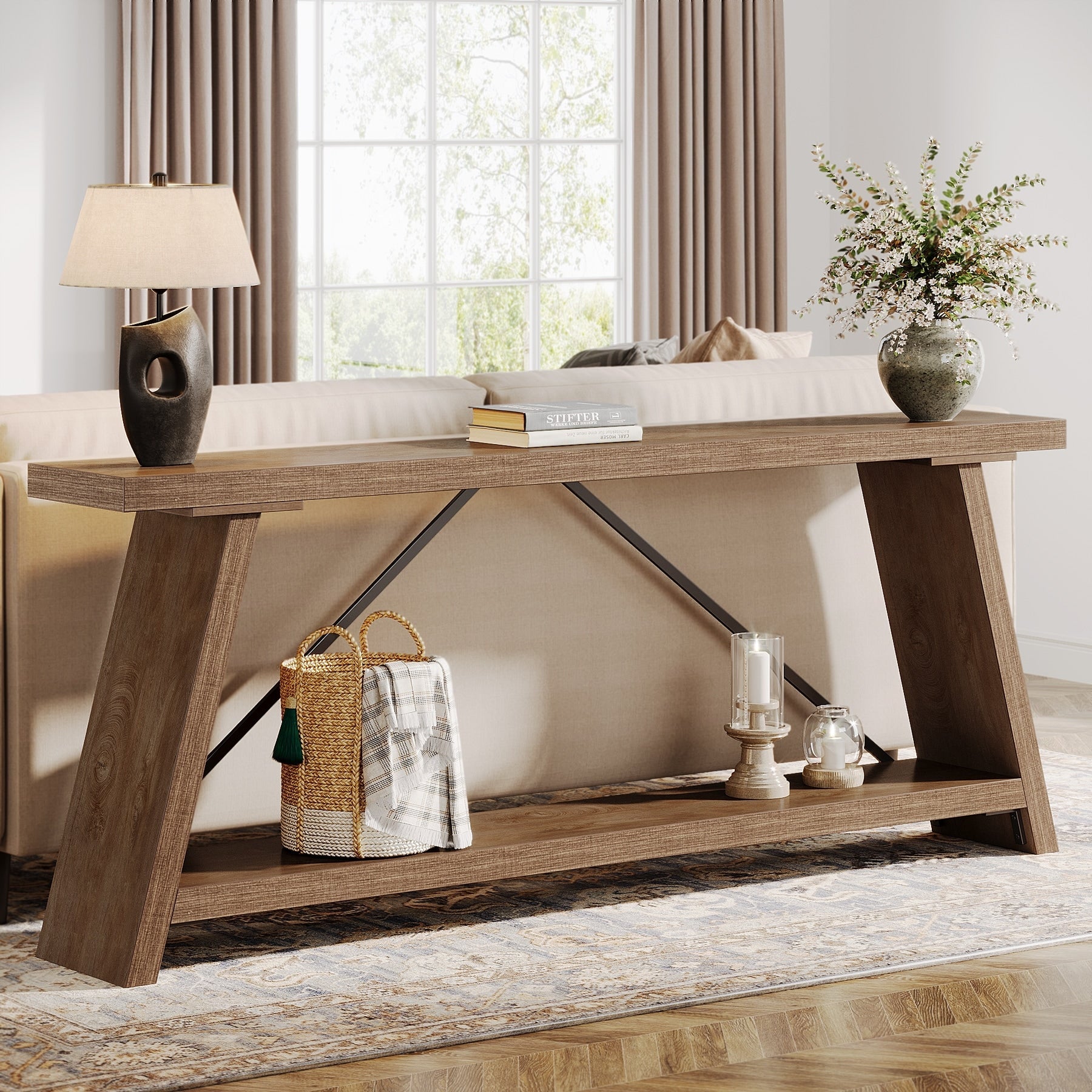 Console/table basse rustique en bois de 180 cm de long avec étagère de rangement