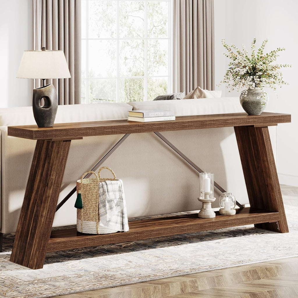 Console/table basse rustique en bois de 180 cm de long avec étagère de rangement