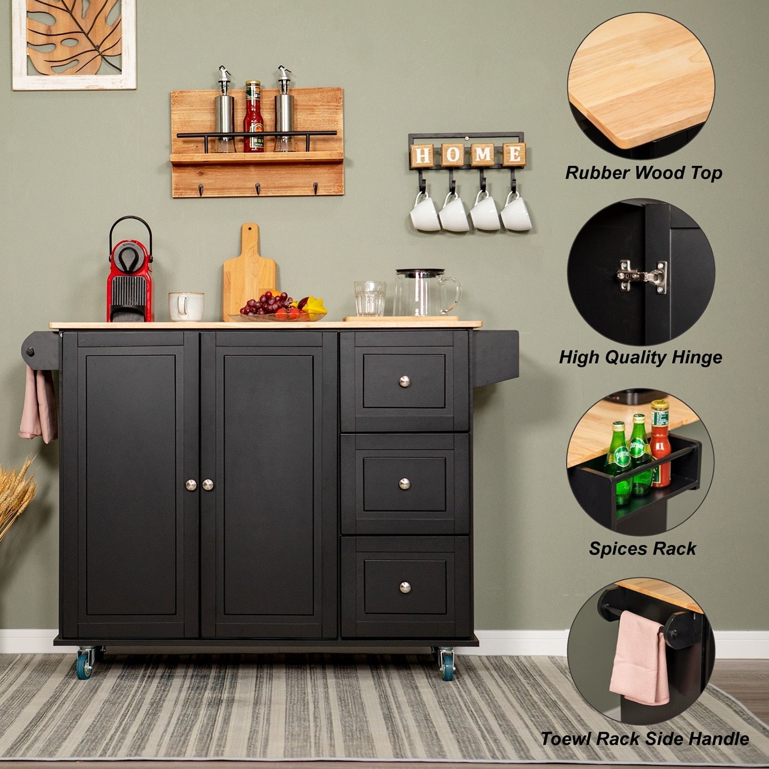 Sophia & William Kitchen Island Cart with Drop-Leaf and Rubber Wood Top, Rolling Kitchen Trolley Cart with Large Storage Cabinet