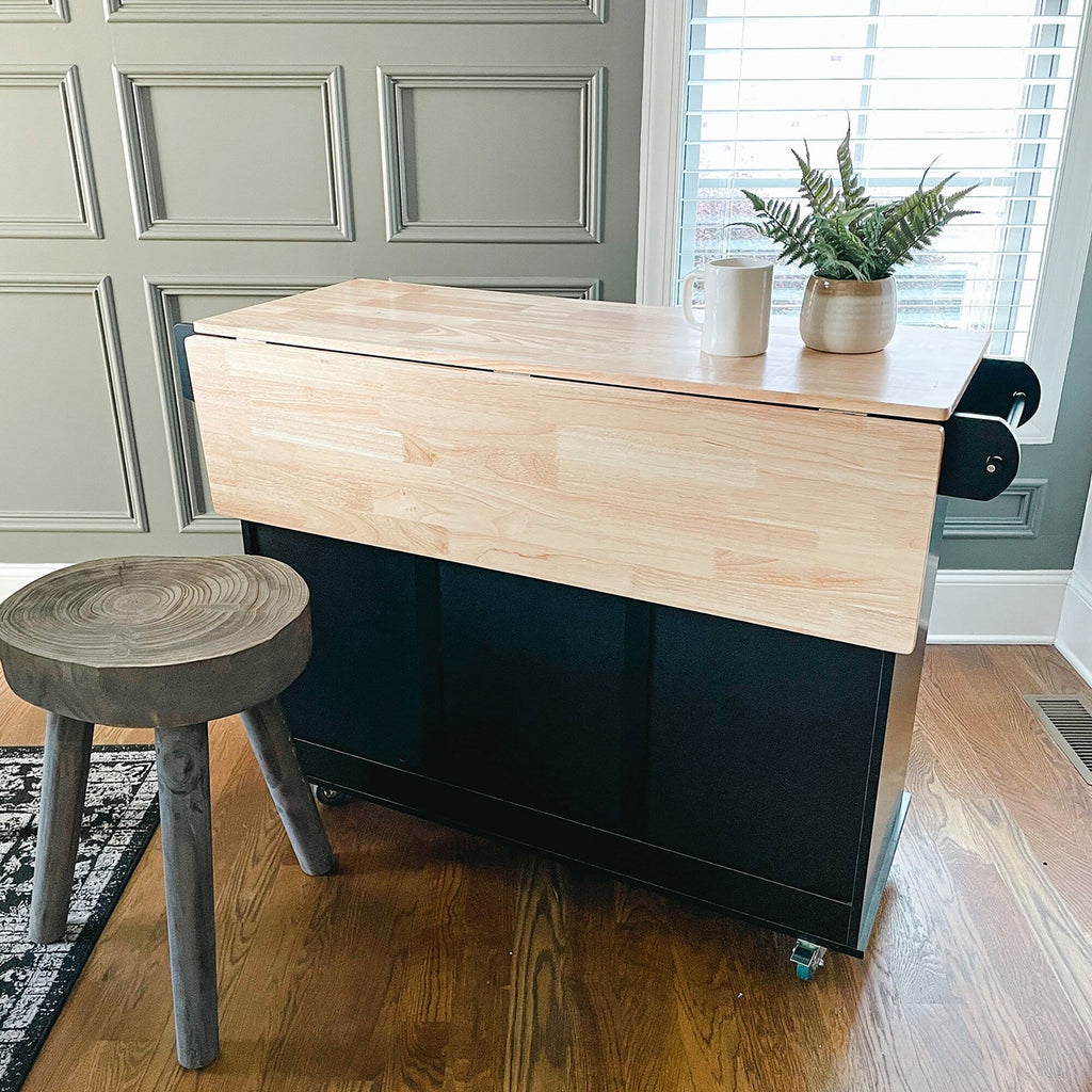 Sophia & William Kitchen Island Cart with Drop-Leaf and Rubber Wood Top, Rolling Kitchen Trolley Cart with Large Storage Cabinet