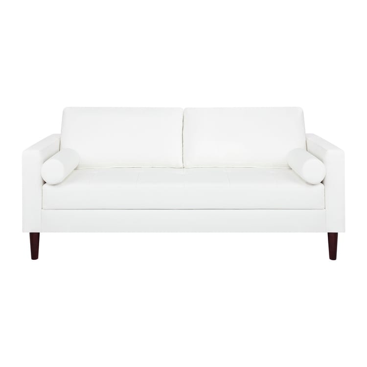 Modern Genuine Leather Sofa with Wooden Legs & Additional Bolster Pillow