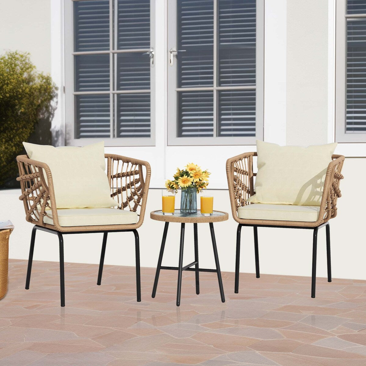 Moasis 3 Pieces Outdoor Wicker Furniture Patio Bistro Set with 2 Chairs and Coffee Table