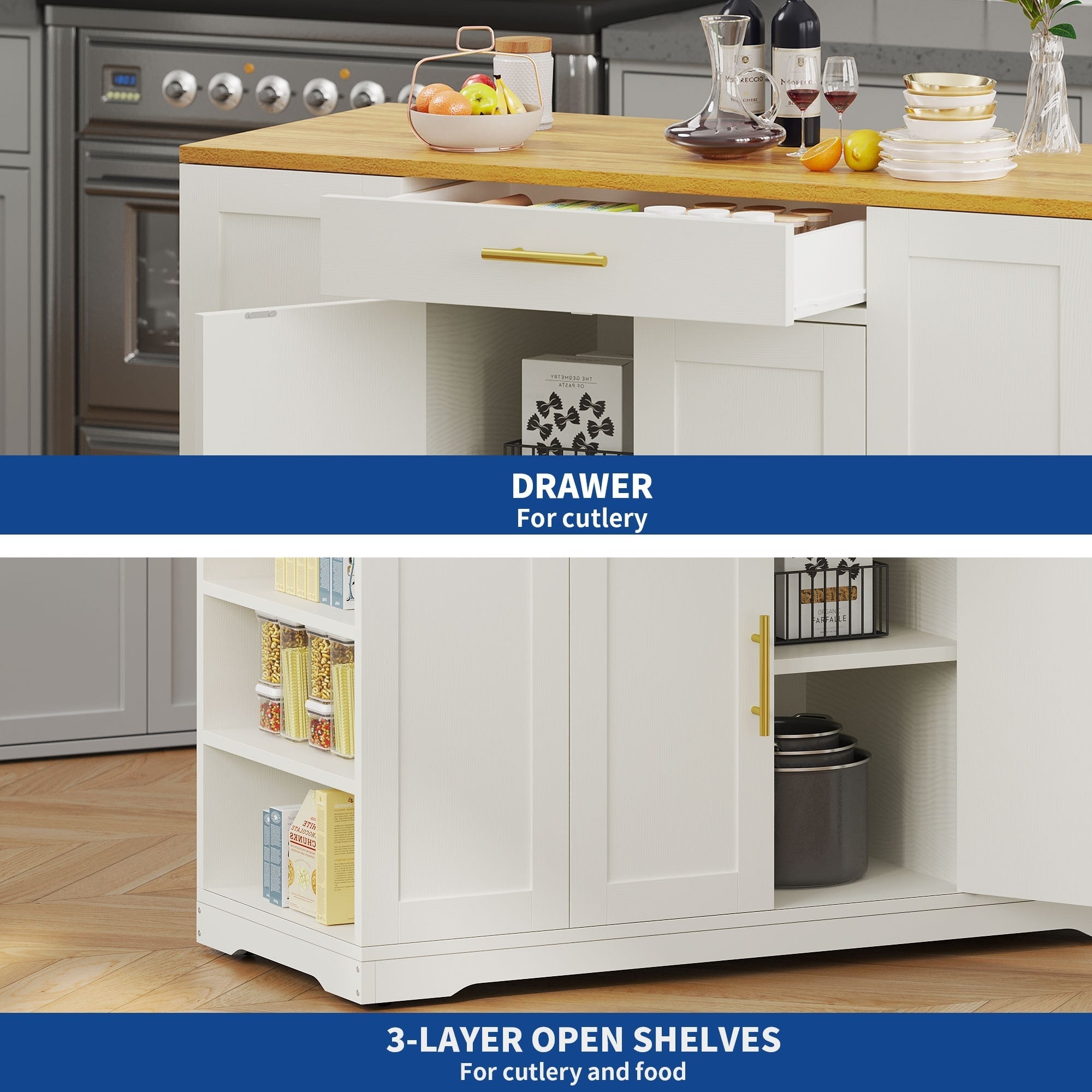 Moasis 53-inch Rolling Kitchen Island Storage Cabinet Portable Mobile Kitchen Cart