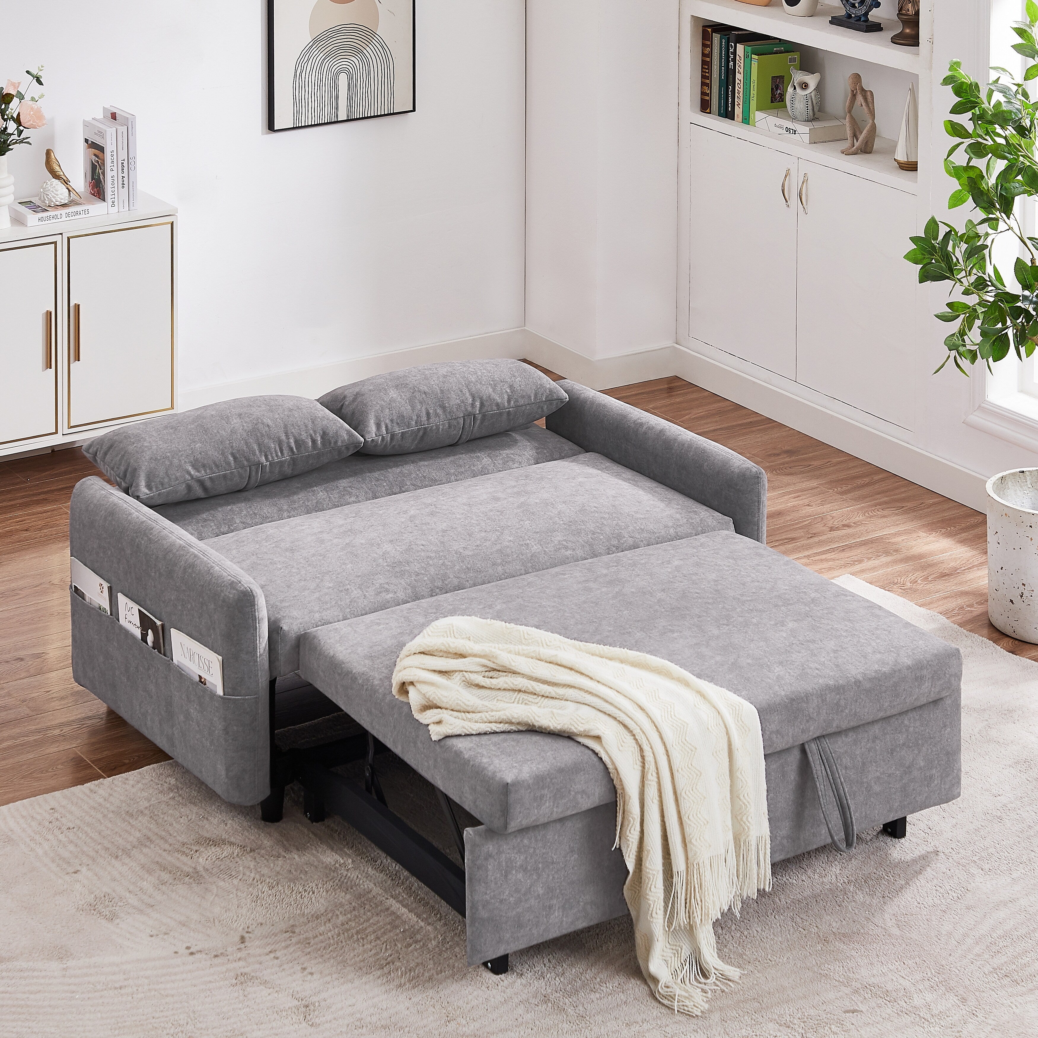 Modern 2 Seat Couch, Microfiber Pull Out Sleep Sofa Bed wih Adjsutable Backrest, Storage Pockets, 2 Soft Pillows, USB Ports