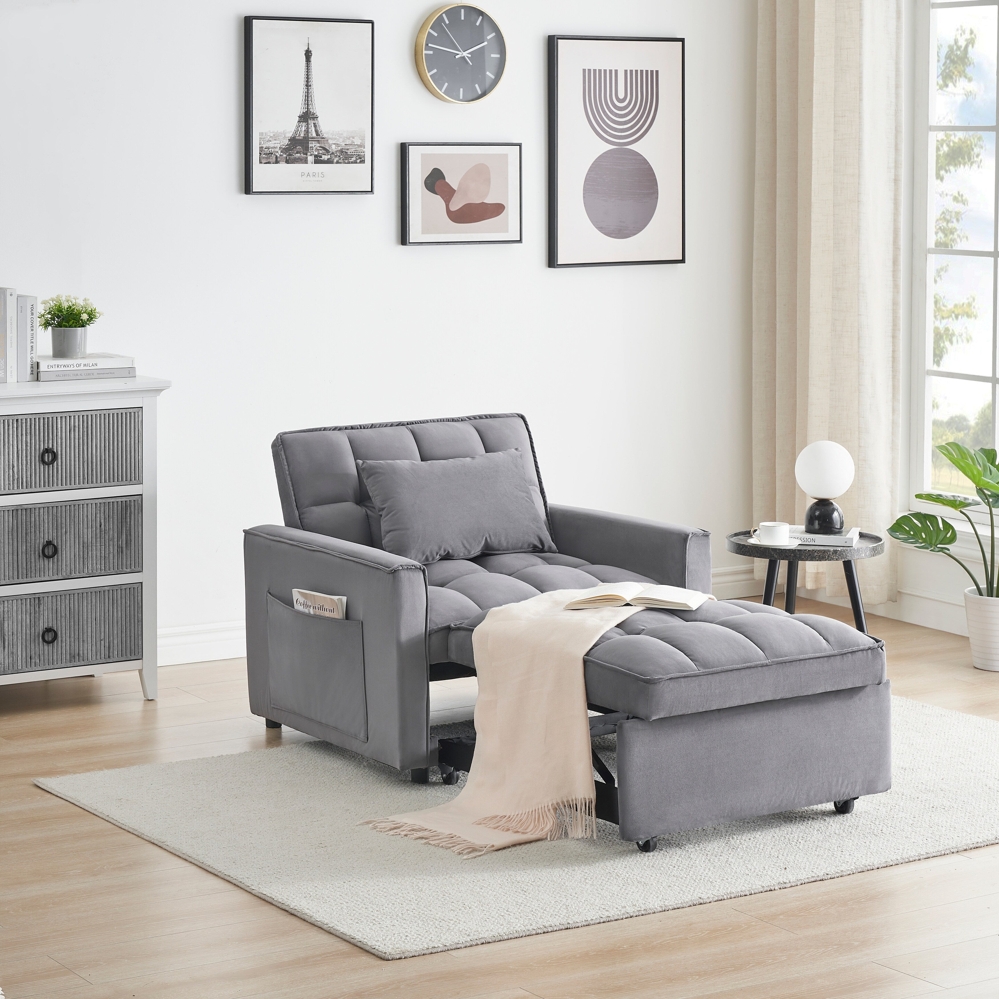 Modern 70.86 3 in 1 Single Convertible Sofa Bed with Adjustable Back and Moving Wheel for Living Room