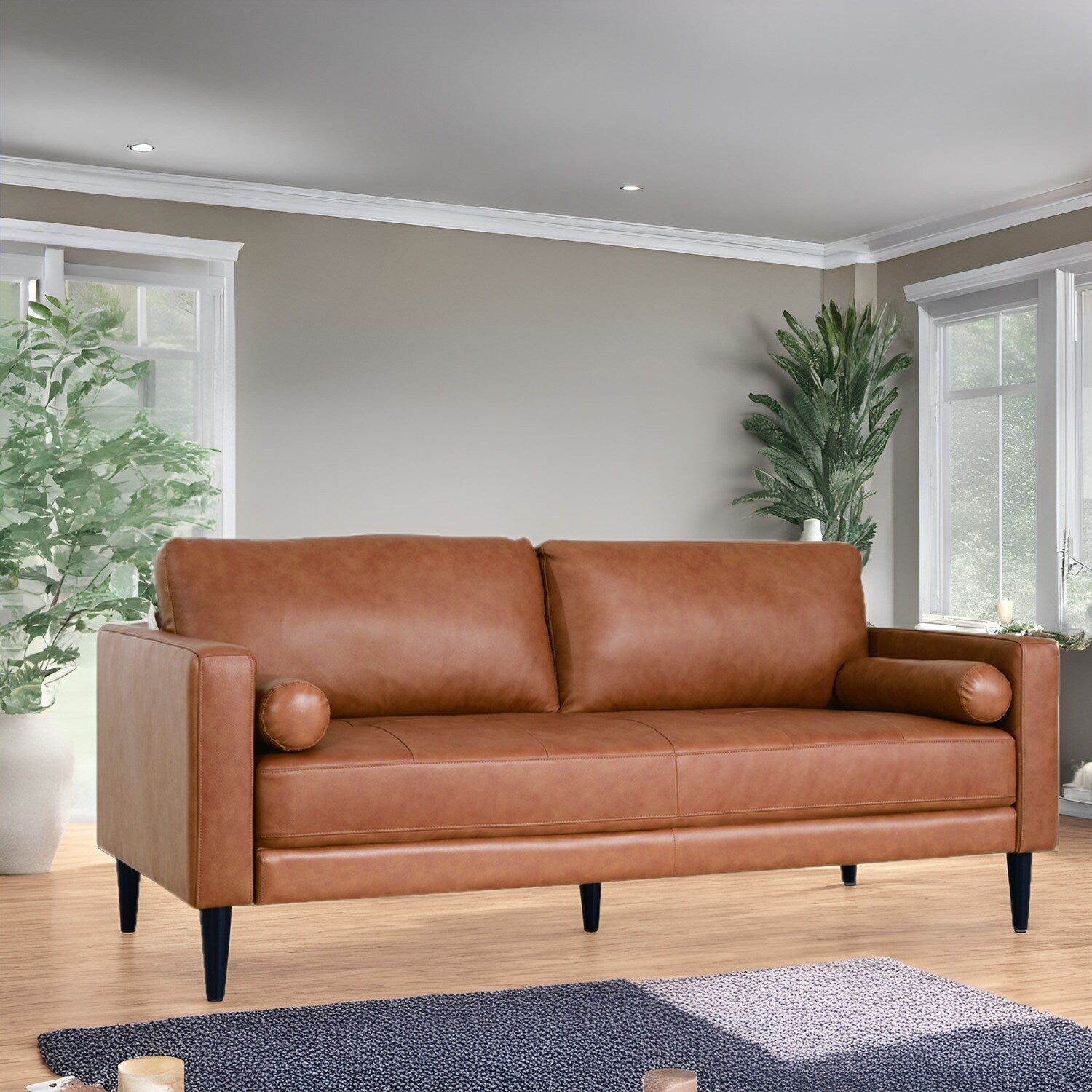 Modern Genuine Leather Sofa with Wooden Legs & Additional Bolster Pillow