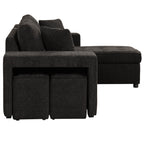 Modern L-Shaped Pull-Out Sectional Sofa Bed with Reversible Chaise, Storage and 2 Stools for Living Room Apartment