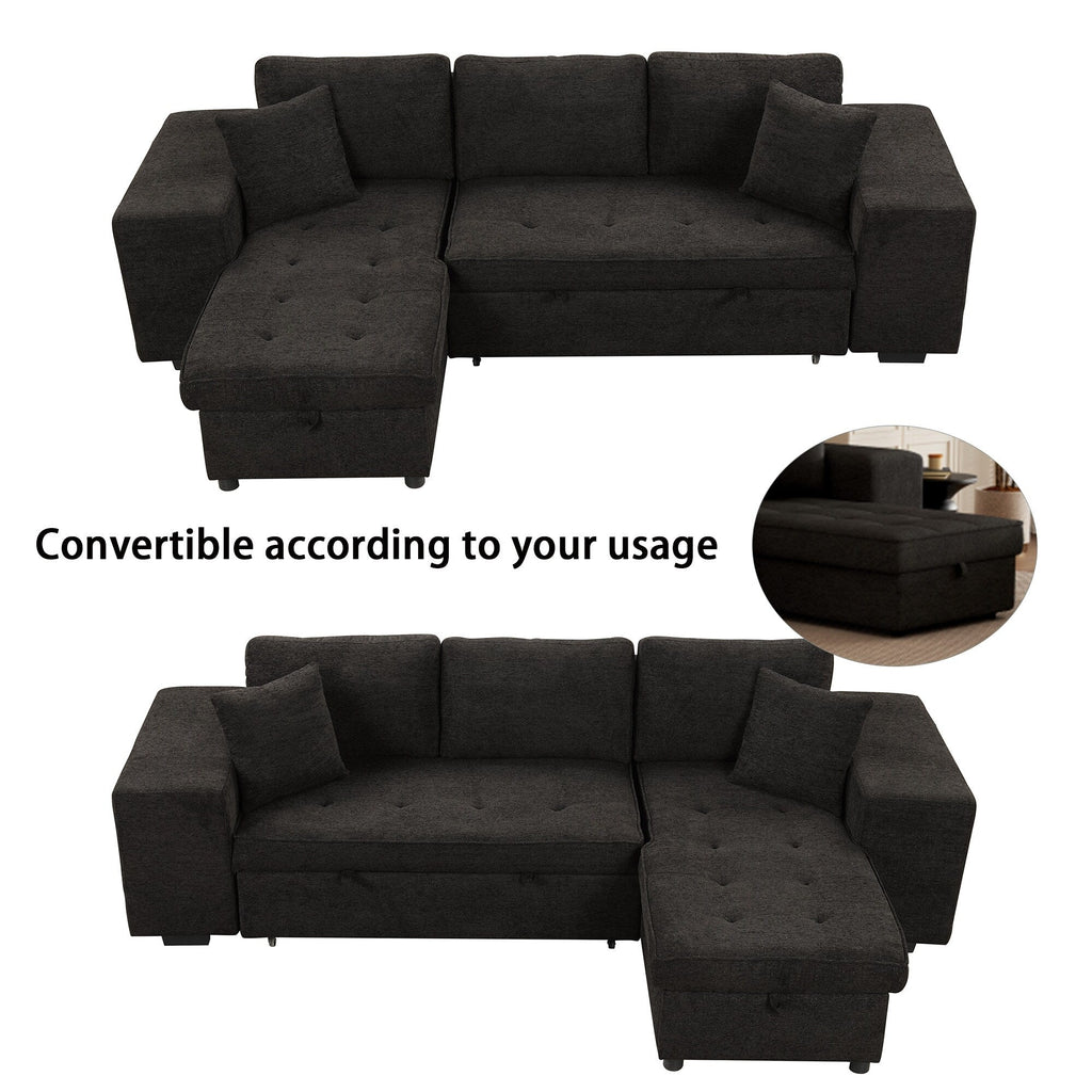 Modern L-Shaped Pull-Out Sectional Sofa Bed with Reversible Chaise, Storage and 2 Stools for Living Room Apartment