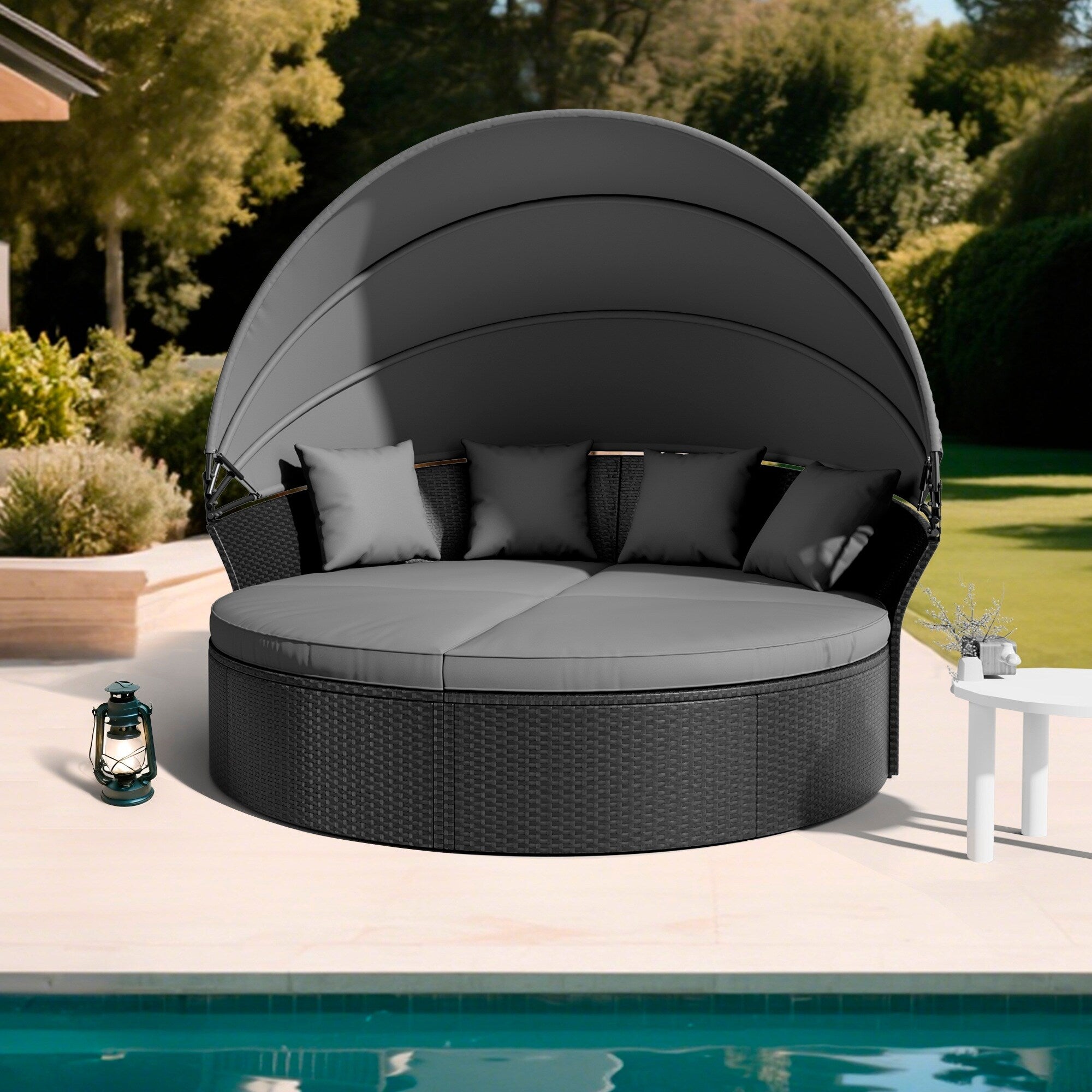 Nuon 4-piece Outdoor Black Wicker Patio Round Daybed Sectional Sofa Set with Retractable Canopy by Havenside Home