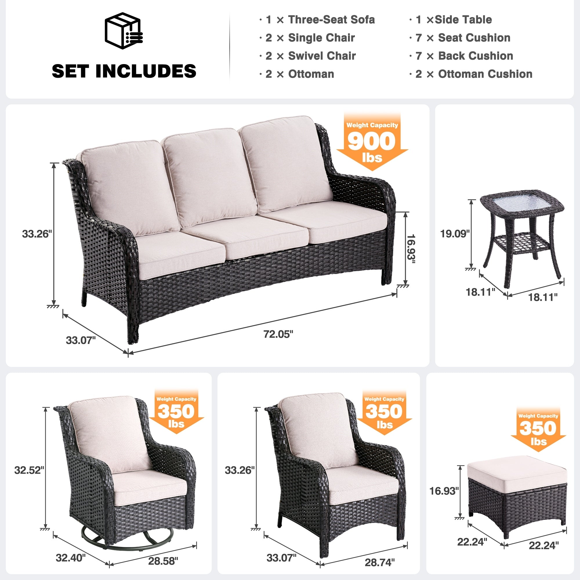 OVIOS 8-piece Patio Wicker Furniture Swivel Chair Set