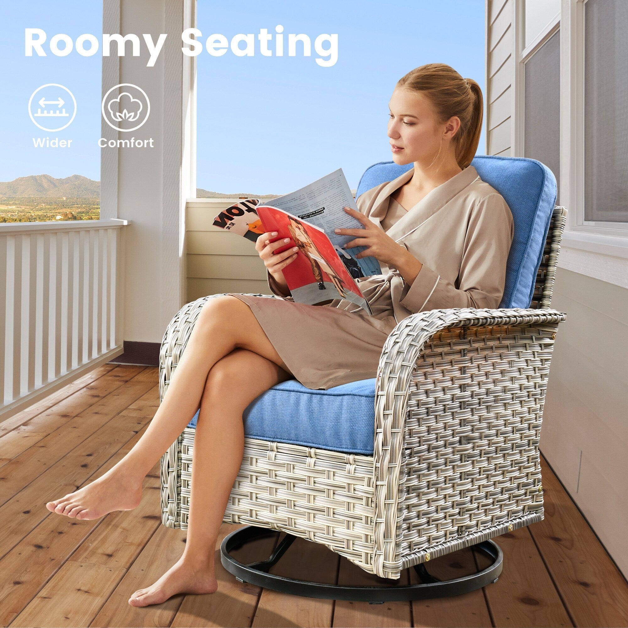 OVIOS 9 Pieces Outdoor Wicker Swivel Chair Set With Fire Table