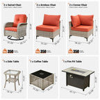 OVIOS 9 Pieces Outdoor Wicker Swivel Chair Set With Fire Table