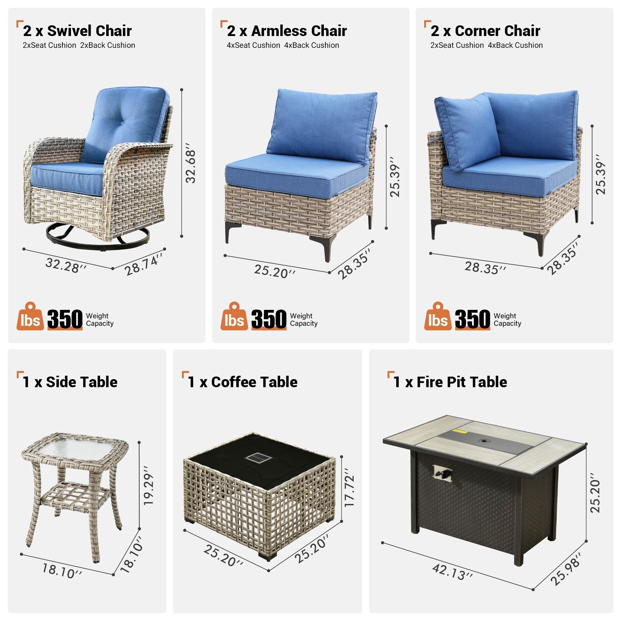 OVIOS 9 Pieces Outdoor Wicker Swivel Chair Set With Fire Table