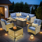 OVIOS 9 Pieces Outdoor Wicker Swivel Chair Set With Fire Table