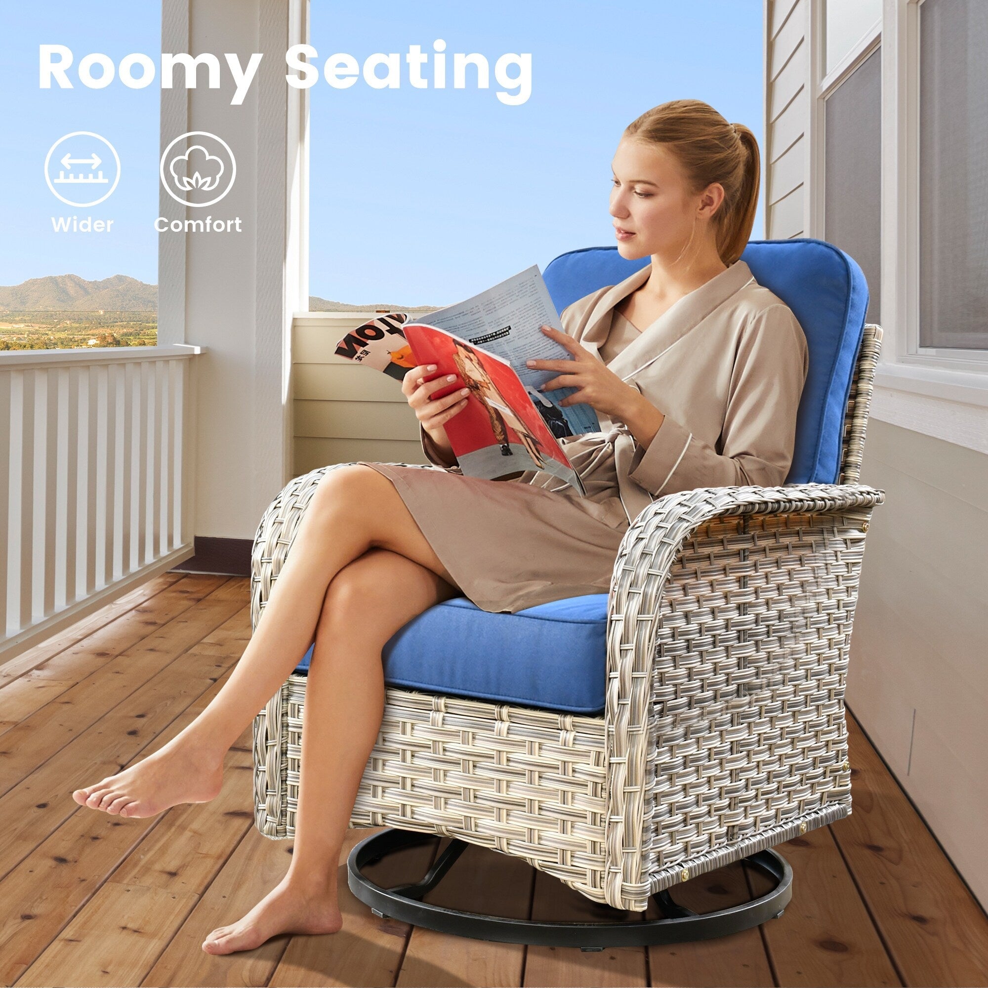 OVIOS 9 Pieces Outdoor Wicker Swivel Chair Set With Fire Table