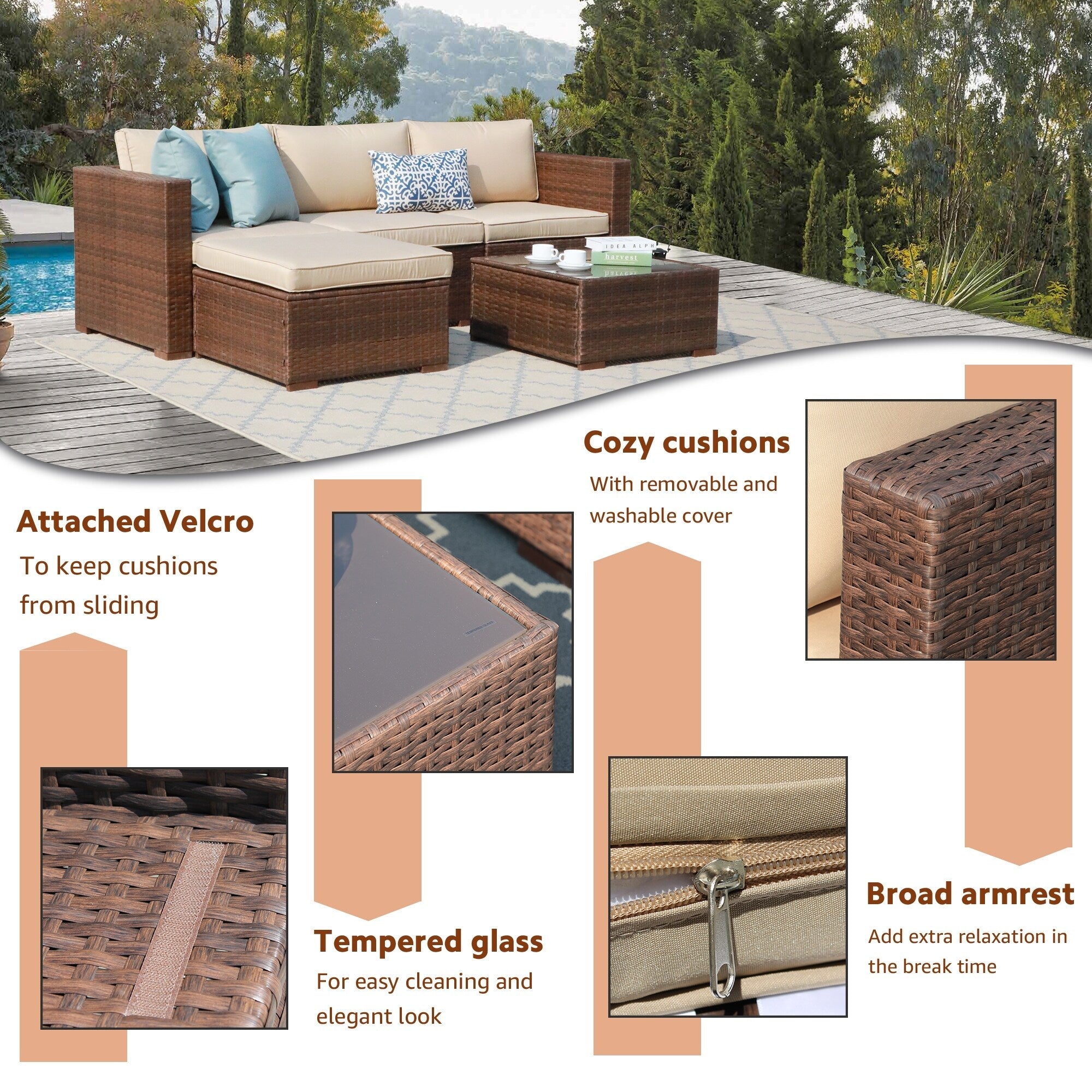 Ensemble de canapé d'angle d'extérieur en résine tressée 5 pièces avec coussins