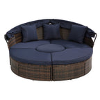 Outdoor Rattan Round Canopy Daybed with Lift Coffee Table, Navy Blue Deep Seating Sofa Bed with Pillows and Washable Cushions