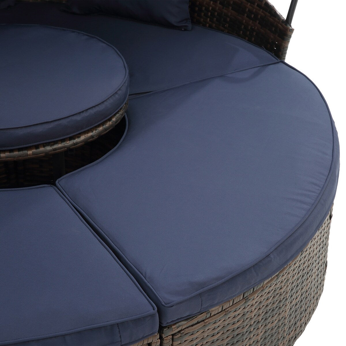 Outdoor Rattan Round Canopy Daybed with Lift Coffee Table, Navy Blue Deep Seating Sofa Bed with Pillows and Washable Cushions