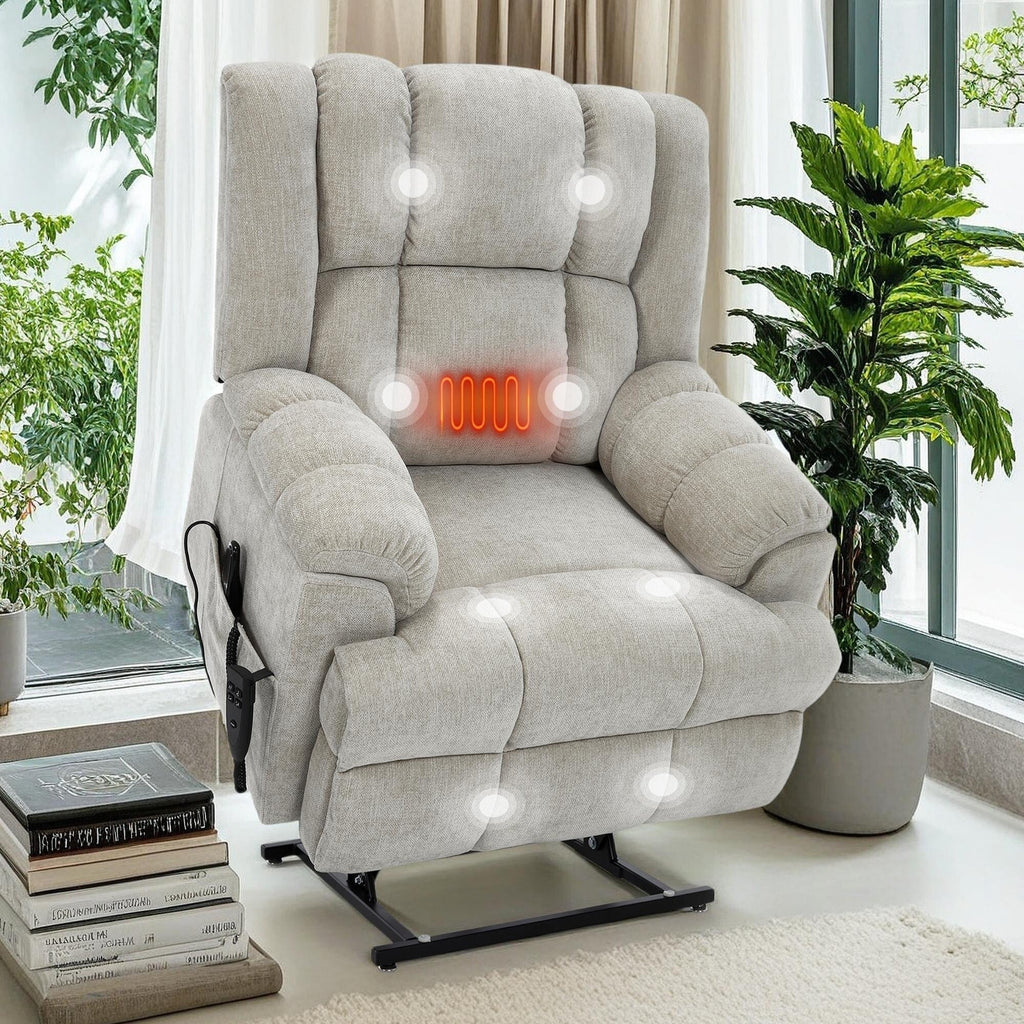 Oversized Chenille Power Lift Recliner Chair with Massage and Lumbar Heating, Infinite Position Reclining