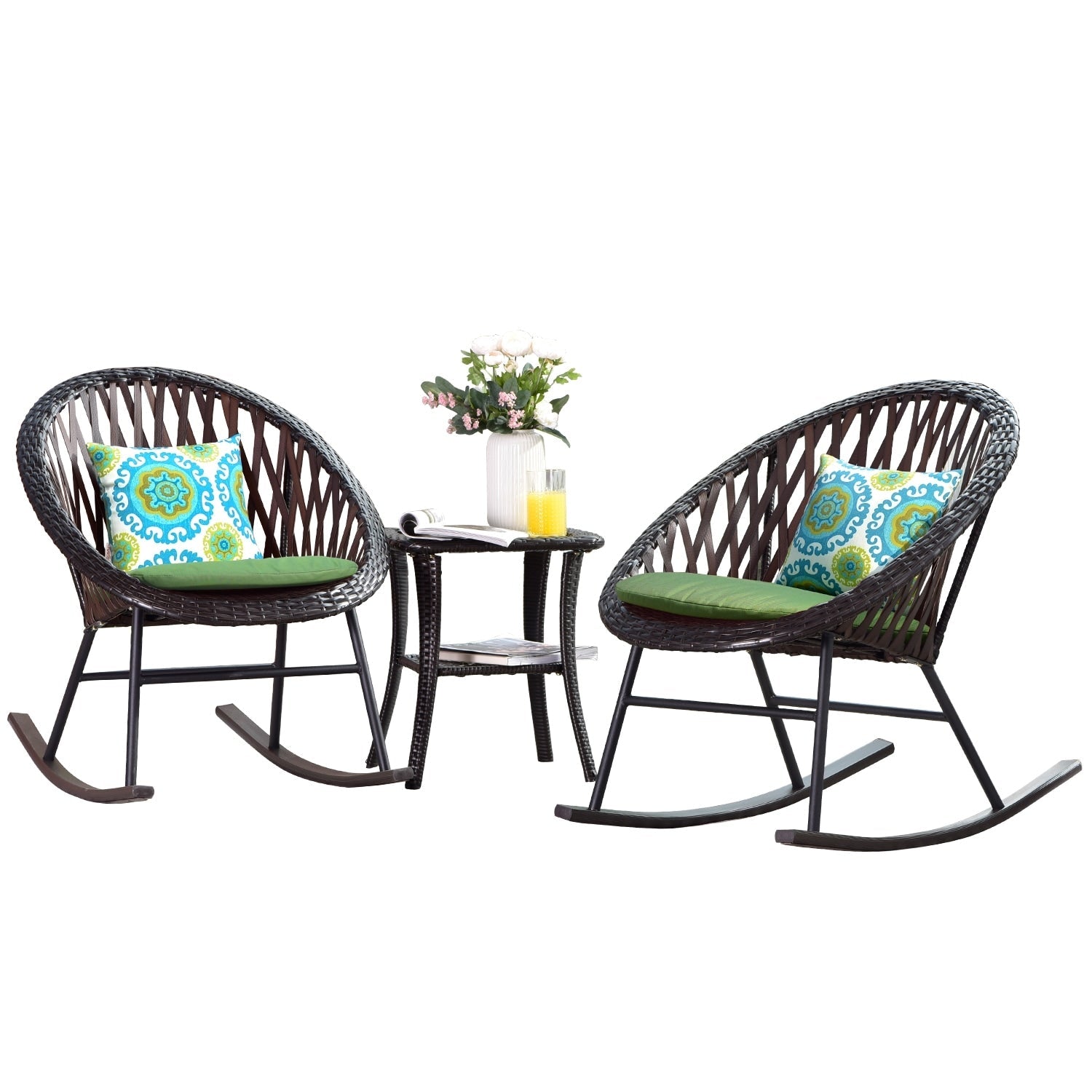 OVIOS 3-piece Patio Rocking Chair Bistro Set with Glass Coffee Table
